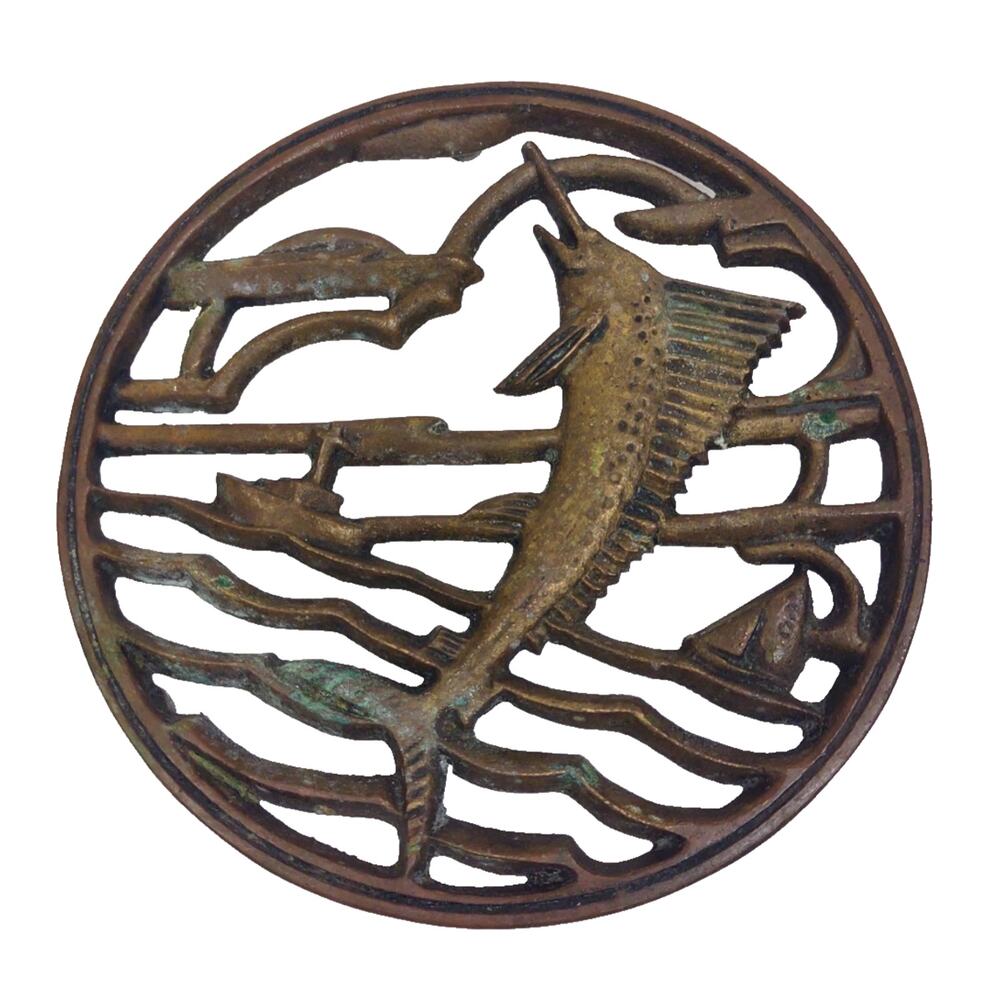 Vintage Brass Sail Fish Marlin Footed Trivet 5" Sailboat Ocean Fishing Patina